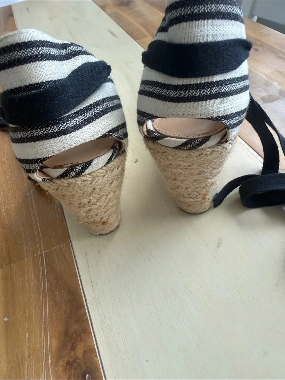 J. Crew Black and White Striped Espadrille Tie-Up Flats